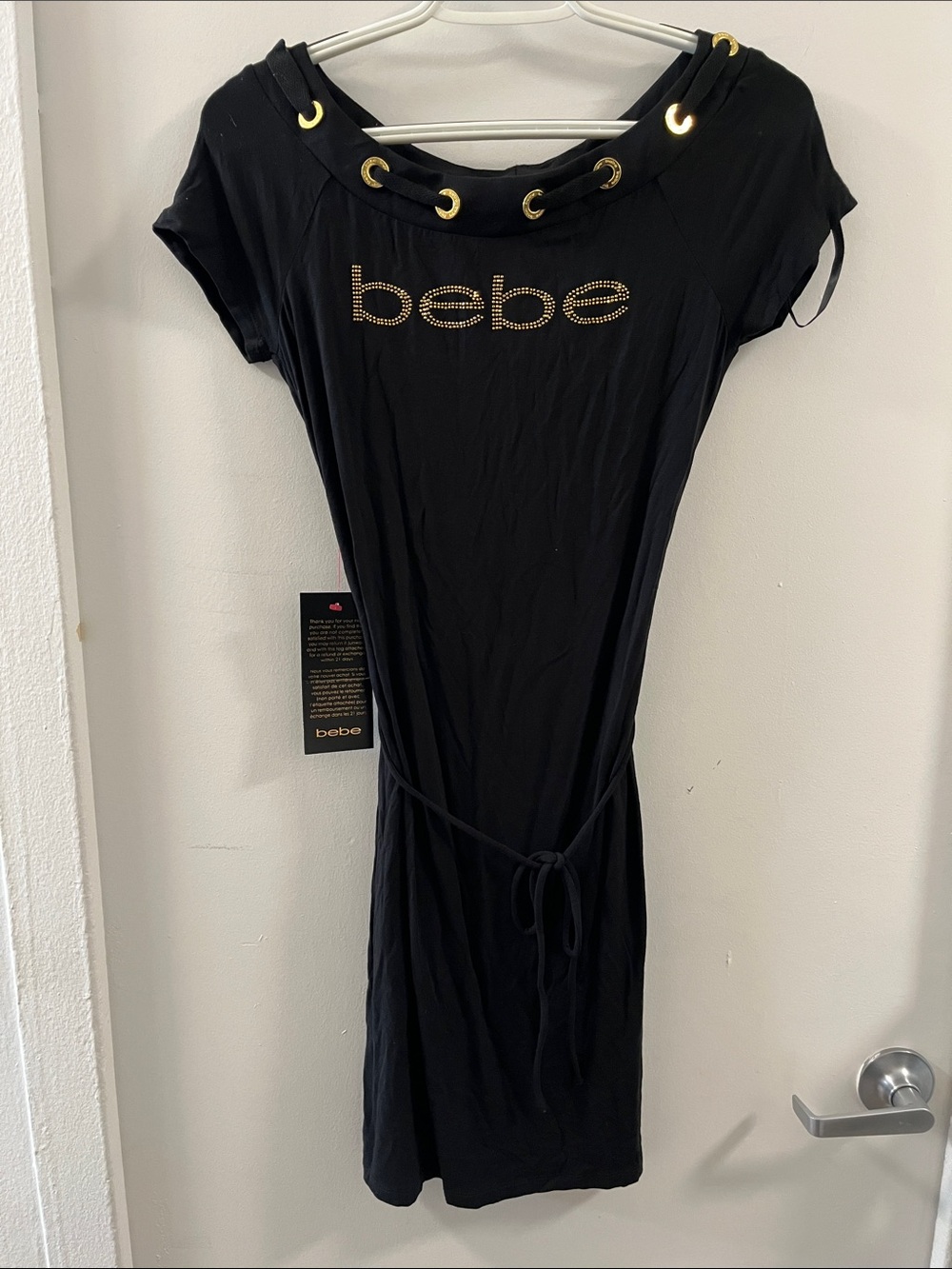 Bebe Black Dress with Gold Stud Logo and Eyelet Hood